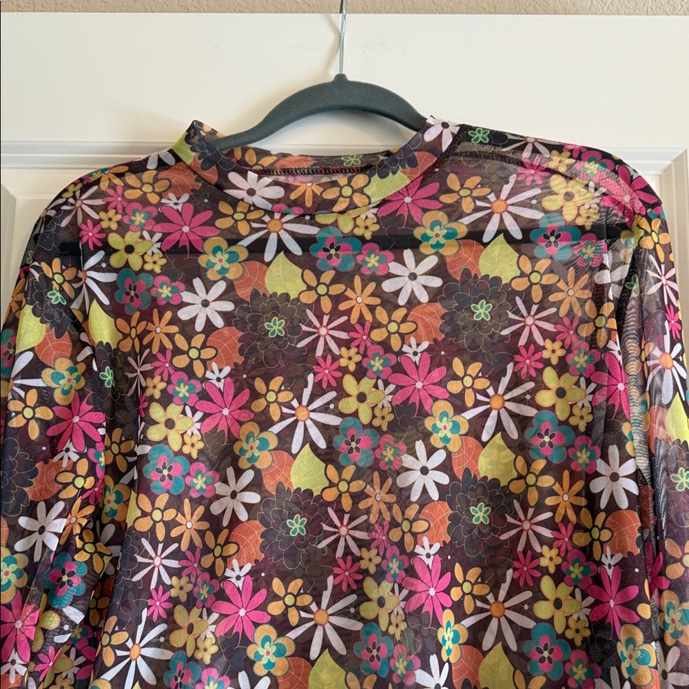 Turquoise Haven Colorful Floral Long Sleeve Mesh Top - Picture 3 of 7